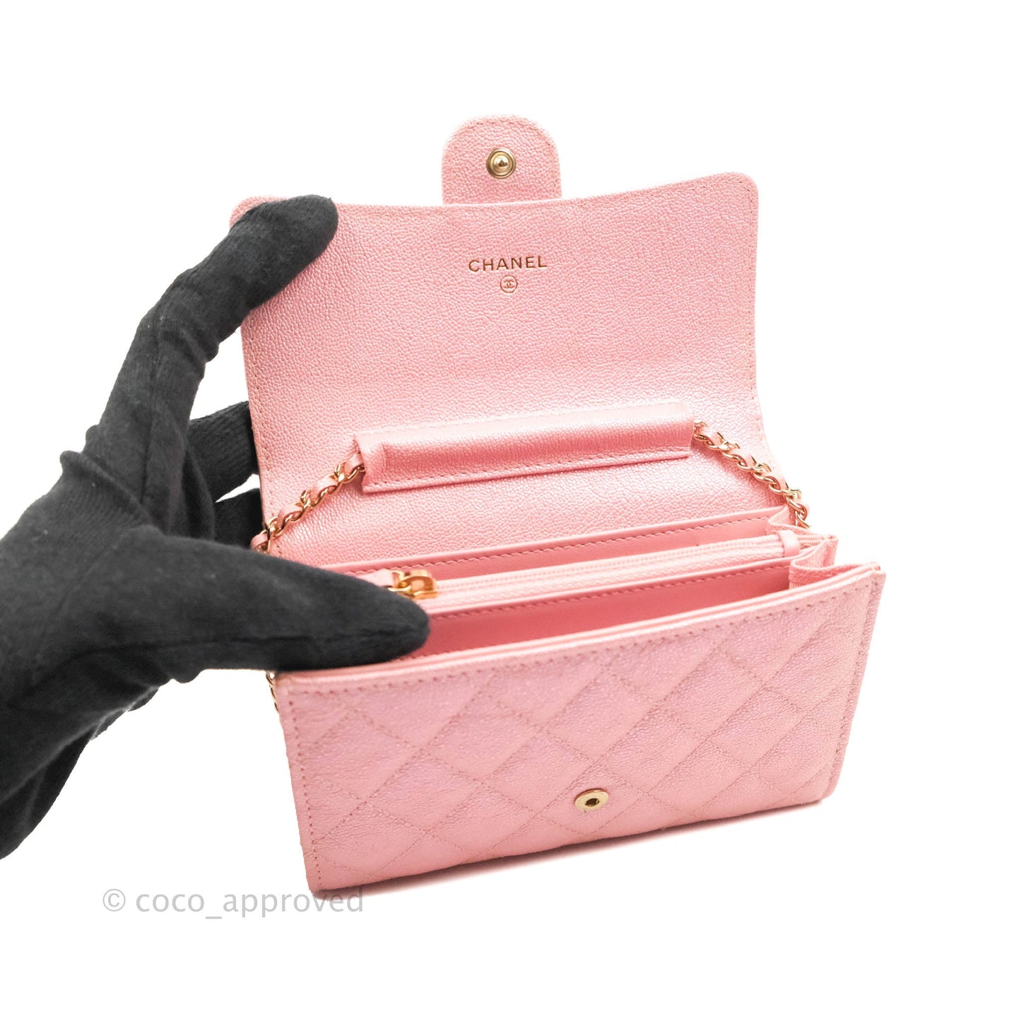 Chanel Mini Quilted Wallet On Chain WOC Caviar Iridescent Pink Gold Hardware 19S