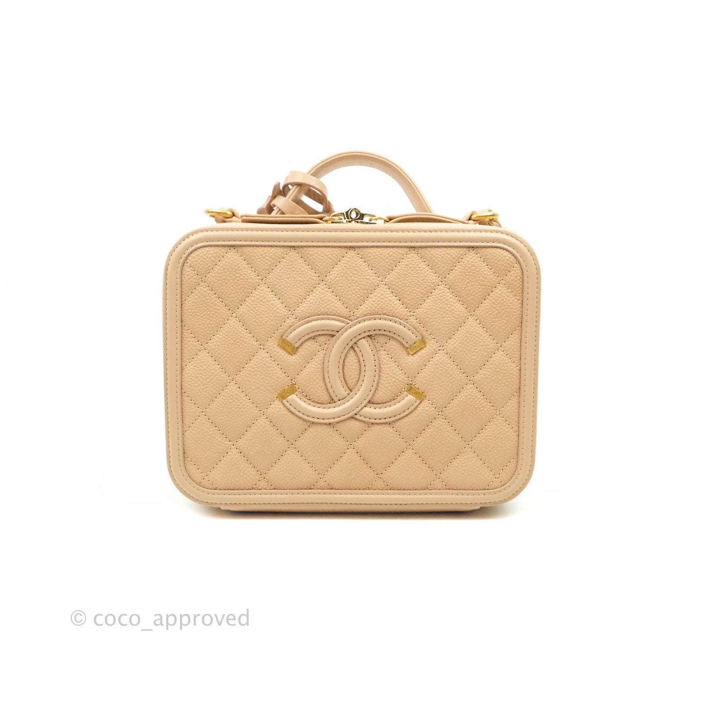 Chanel Quilted Medium CC Filigree Vanity Case Beige Caviar Gold Hardware