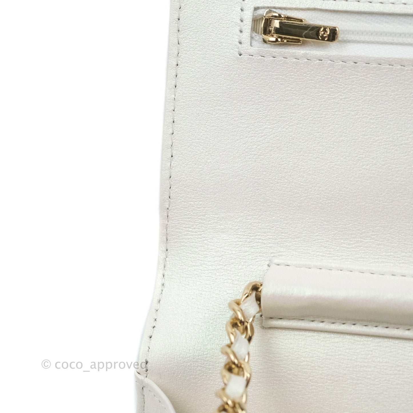Chanel Quilted Classic Wallet on Chain WOC Iridescent White Lambskin Gold Hardware