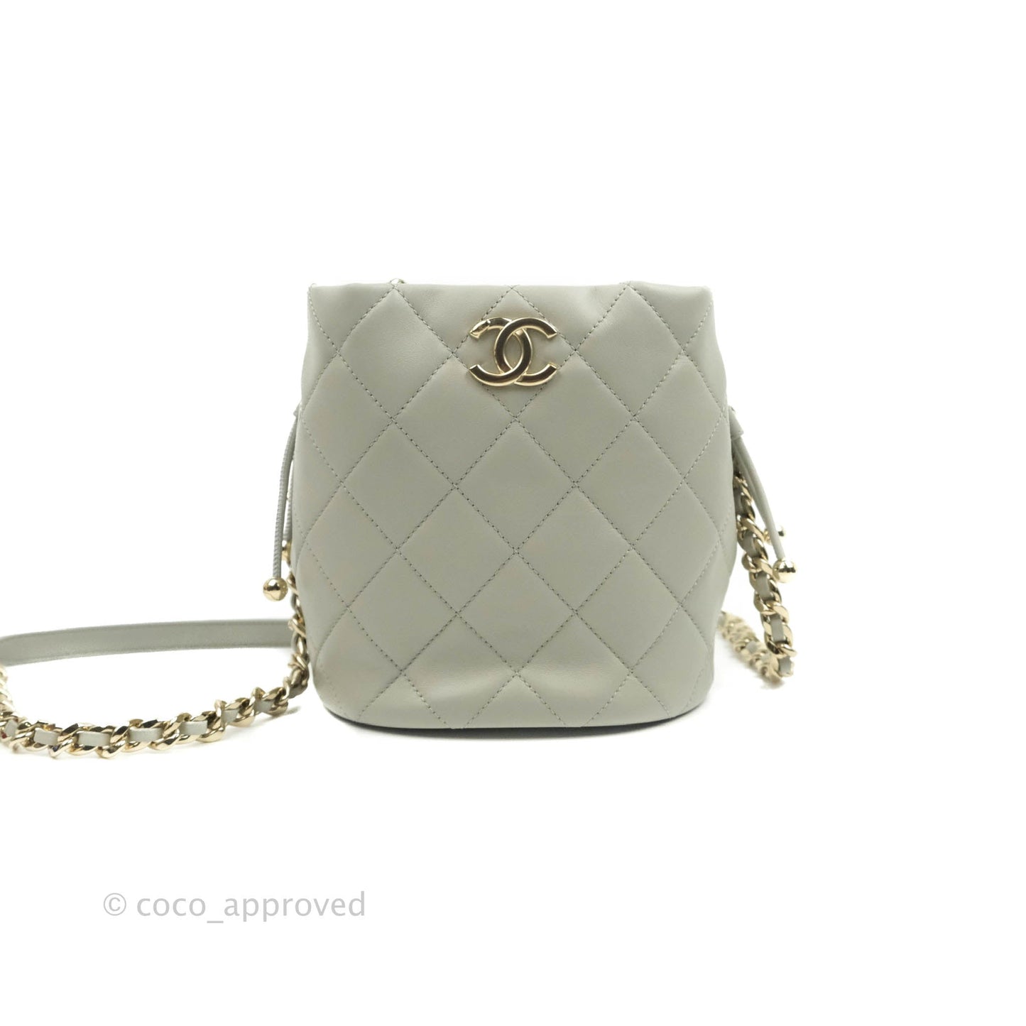 Chanel Quilted Drawstring Bucket Bag Grey Lambskin Gold Hardware 22C