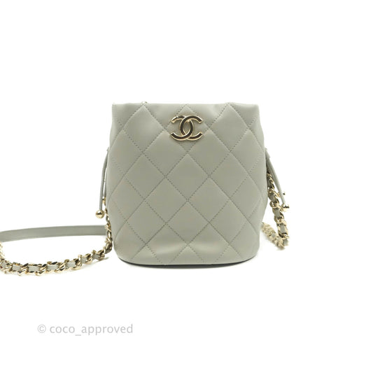 Chanel Quilted Drawstring Bucket Bag Grey Lambskin Gold Hardware 22C