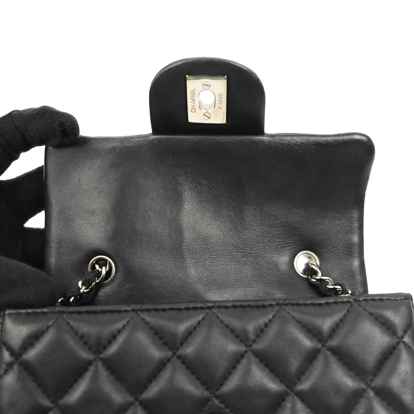 Chanel Quilted Extra Mini Rectangular Flap Black Lambskin Silver Hardware