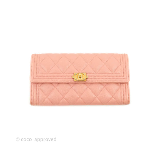 Chanel Quilted Boy Flap Long Wallet Pink Caviar Aged Gold Hardware