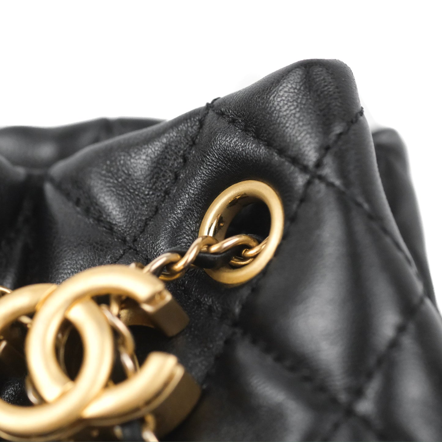 Chanel Pearl Crush Bucket Bag Black Lambskin Aged Gold Hardware 22S