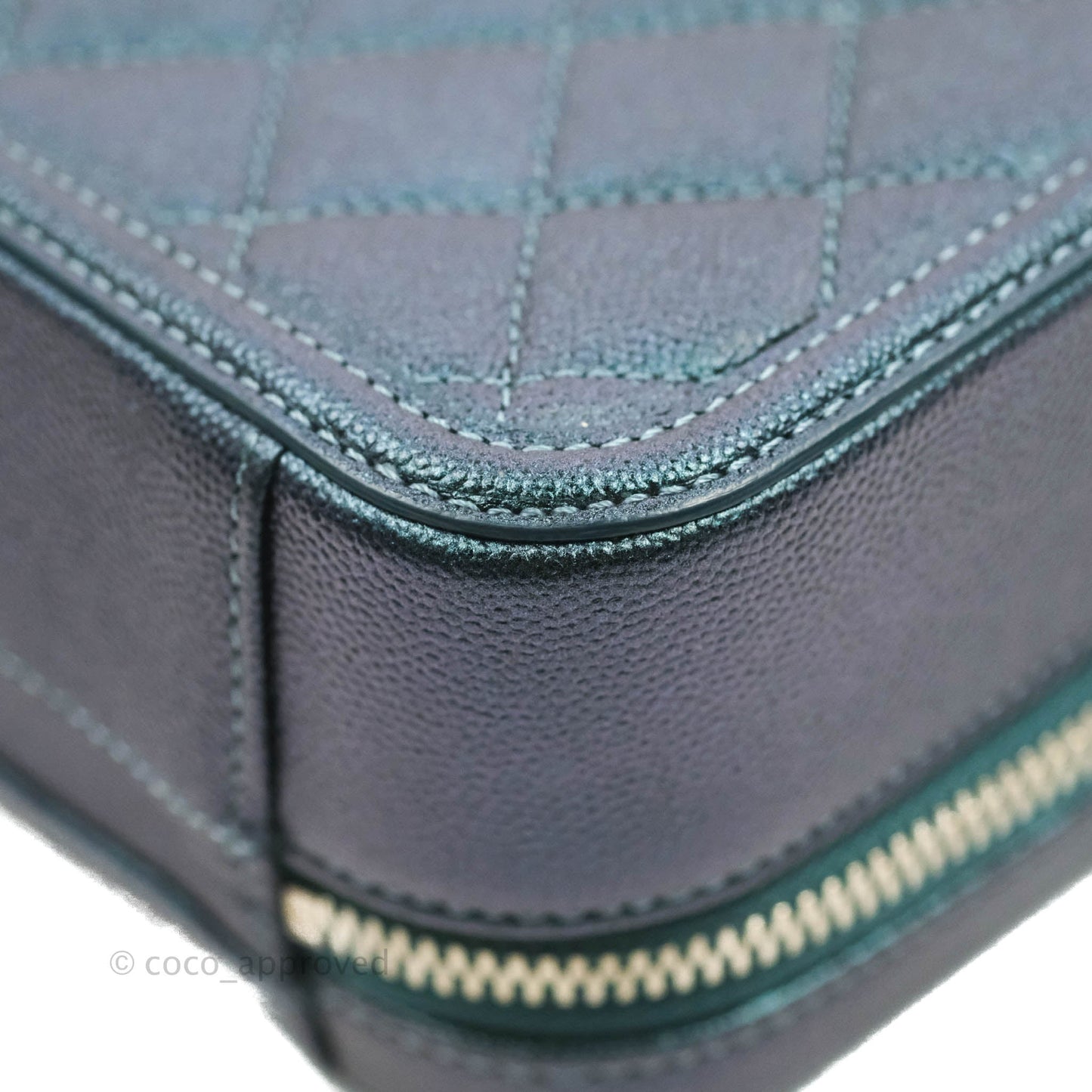 Chanel Quilted Medium CC Filigree Vanity Case Iridescent Dark Turquoise Caviar Rainbow Hardware