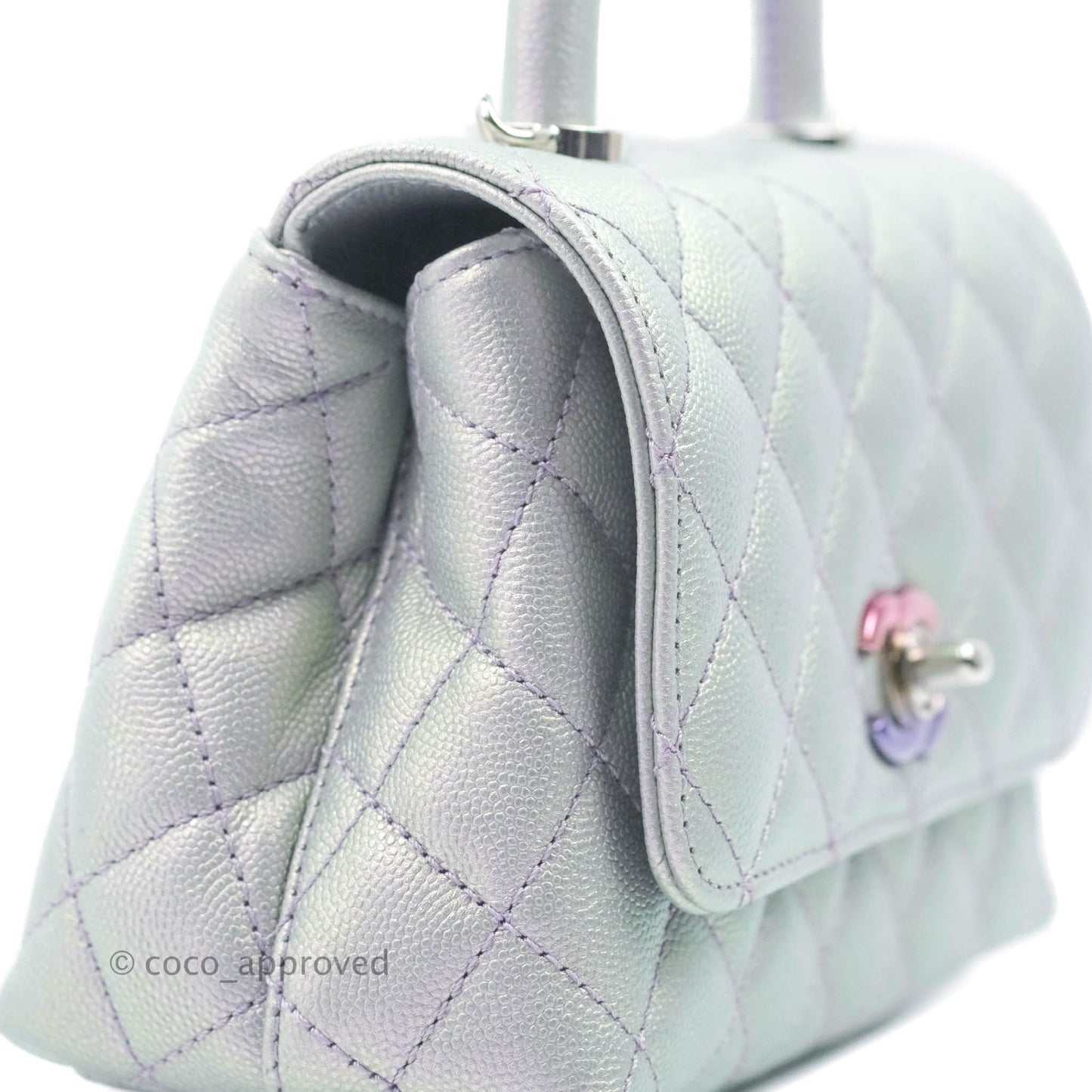 Chanel Mini Coco Handle Quilted Iridescent Lilac Caviar Rainbow Hardware