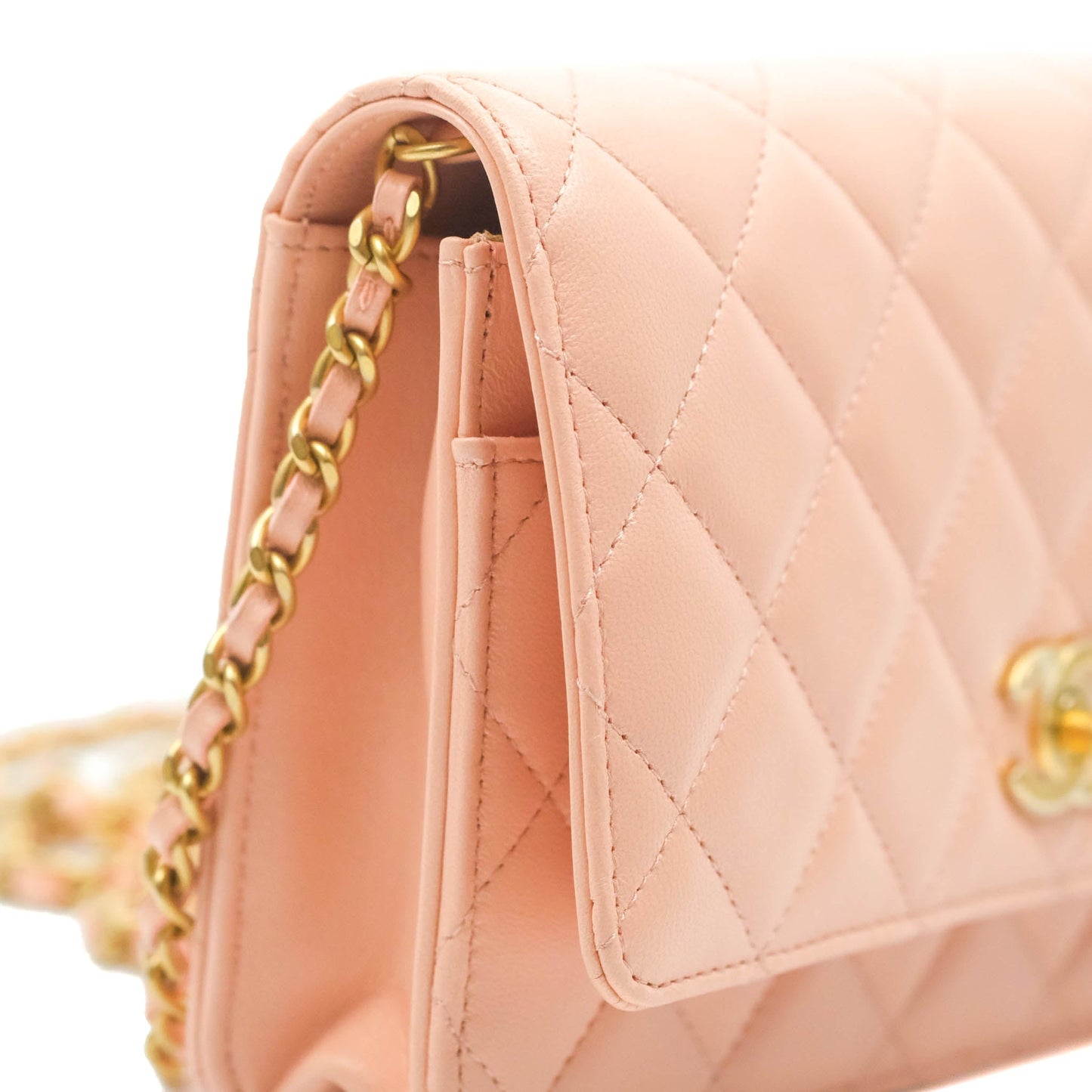 Chanel Quilted Pearl Crush Wallet on Chain WOC Light Pink Lambskin Aged Gold Hardware