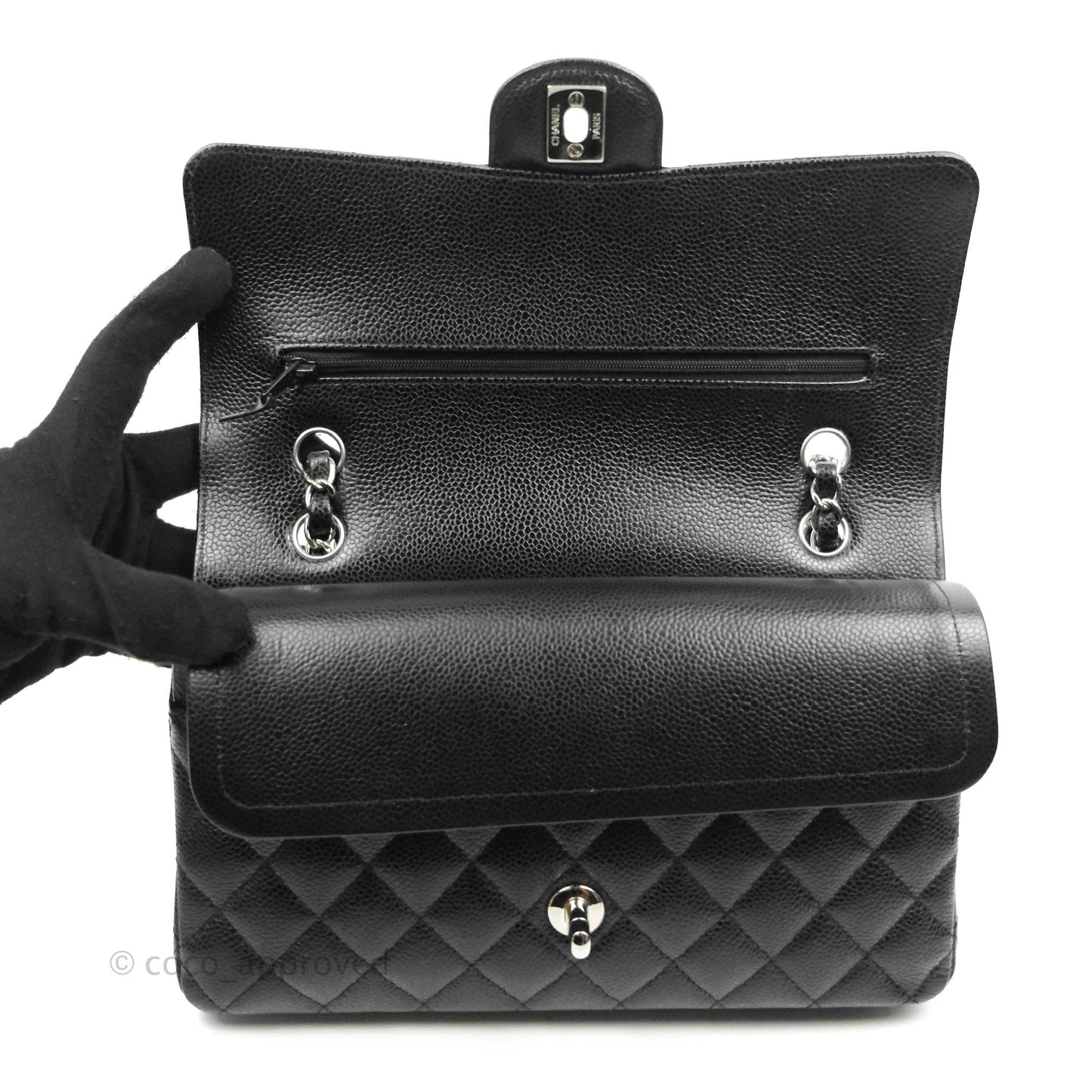 Chanel Classic M/L Medium Double Flap Bag Black Caviar Silver Hardware