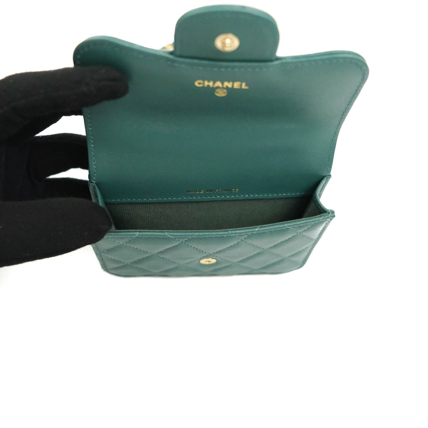 Chanel Mini Handle Flap Coin Purse With Chain Green Lambskin Gold Hardware