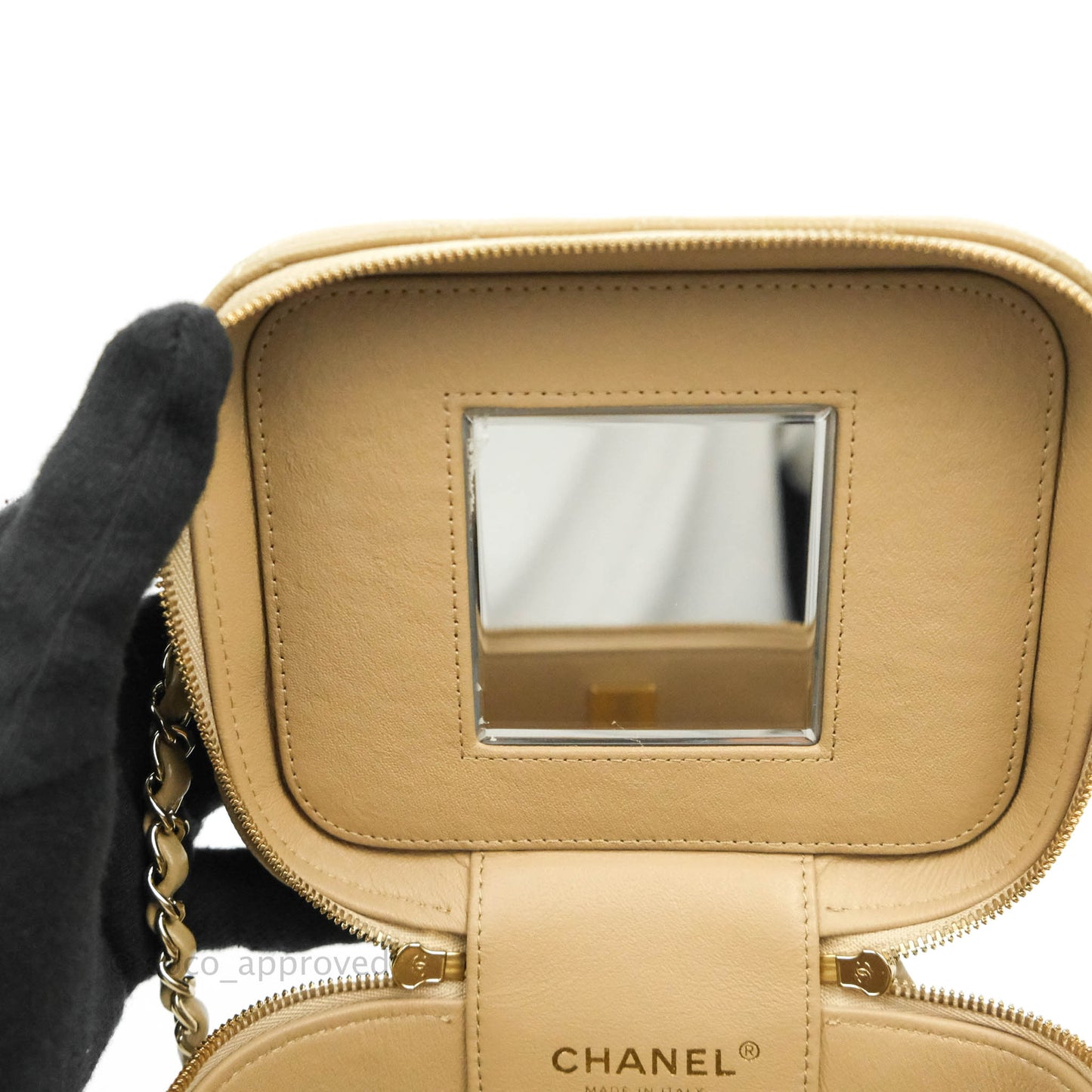 Chanel Small Quilted Top Handle Vanity Case Dark Beige Caviar Gold Hardware