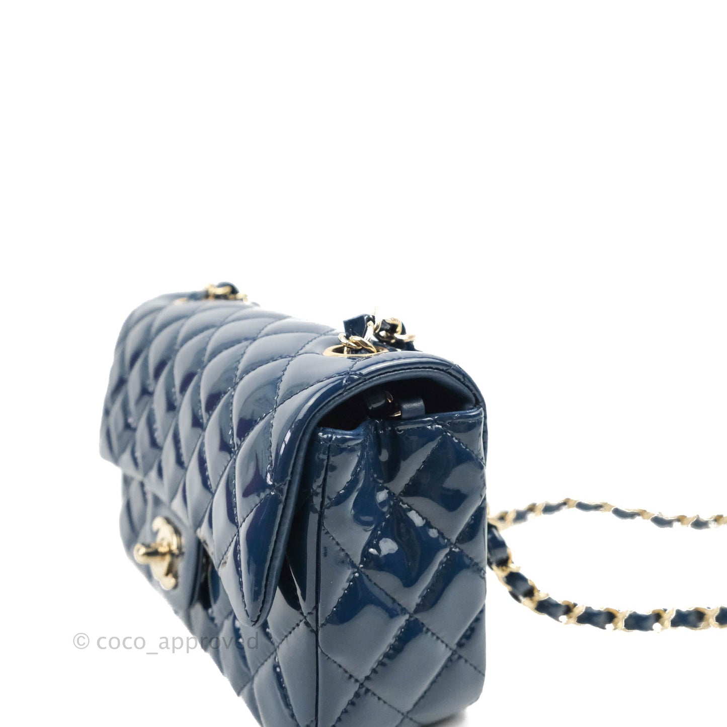 Chanel Quilted Mini Rectangular Flap Navy Patent Leather Gold Hardware