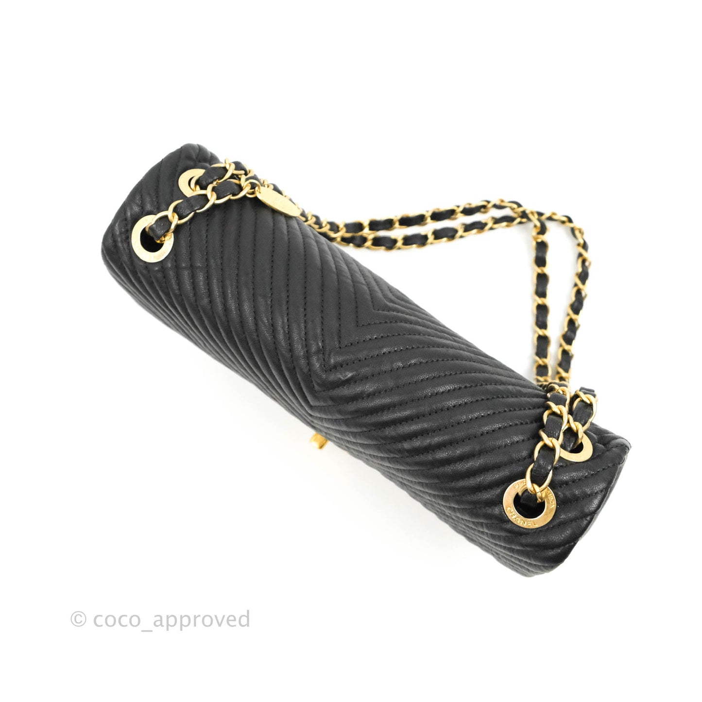 Chanel Medium Chevron Surpique Flap Black Calfskin Aged Gold Hardware