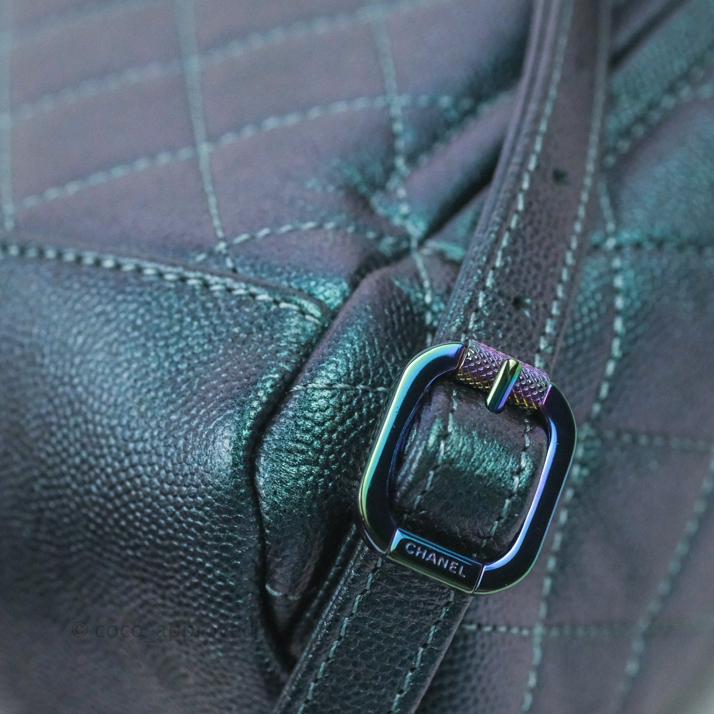 Chanel Quilted CC Filigree Backpack Caviar Iridescent Dark Turquoise Rainbow Hardware