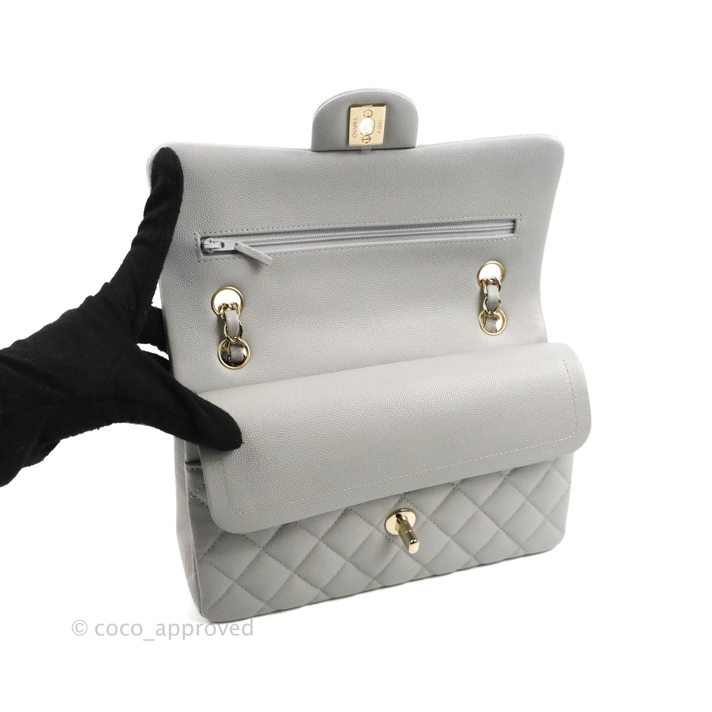 Chanel Small Classic Quilted Flap Grey Caviar Gold Hardware 21A