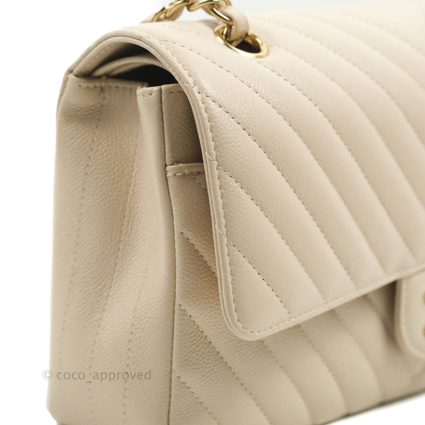 Chanel Classic M/L Medium Double Flap Chevron Ivory Caviar Gold Hardware