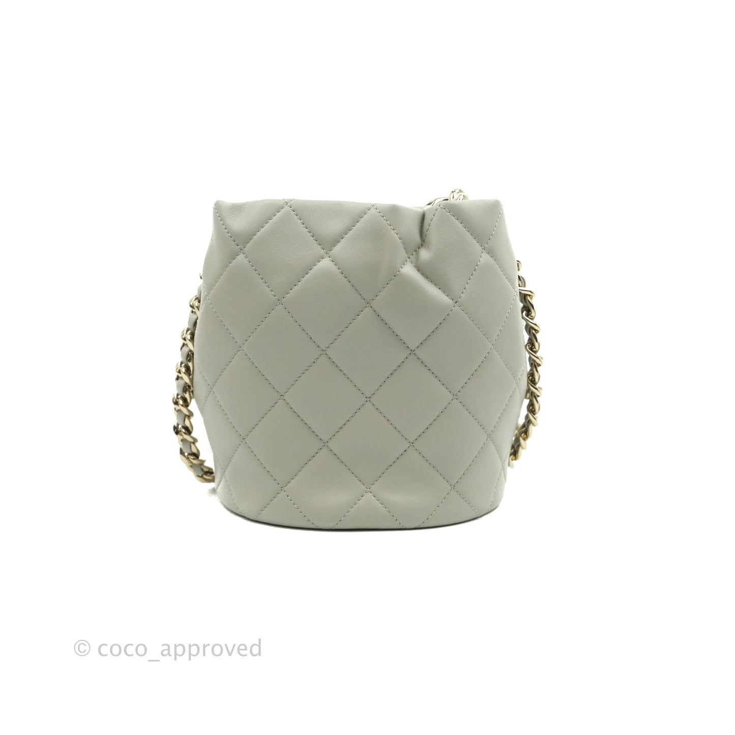 Chanel Quilted Drawstring Bucket Bag Grey Lambskin Gold Hardware 22C