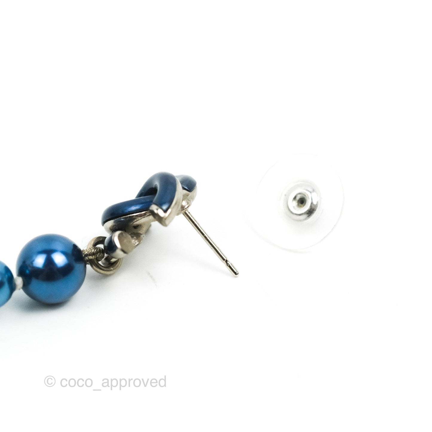 Chanel CC Blue Pearl Drop Earrings Silver Tone 18S