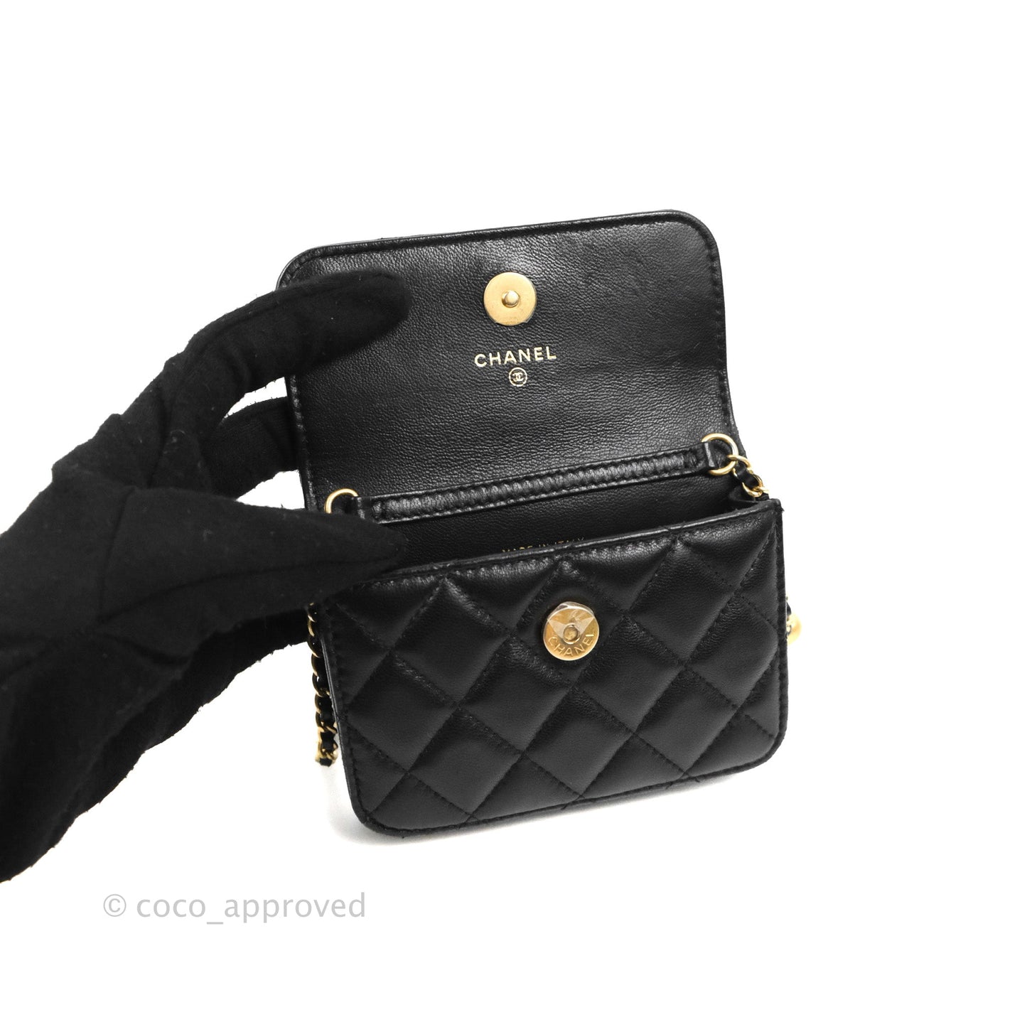 Chanel Mini Pearl Crush Clutch With Chain Belt Black Lambskin Aged Gold Hardware
