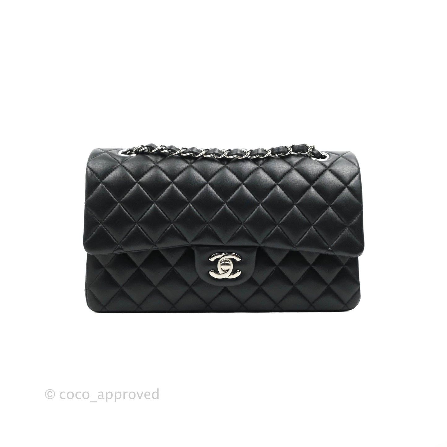 Chanel Classic M/L Medium Flap Quilted Black Lambskin Silver Hardware