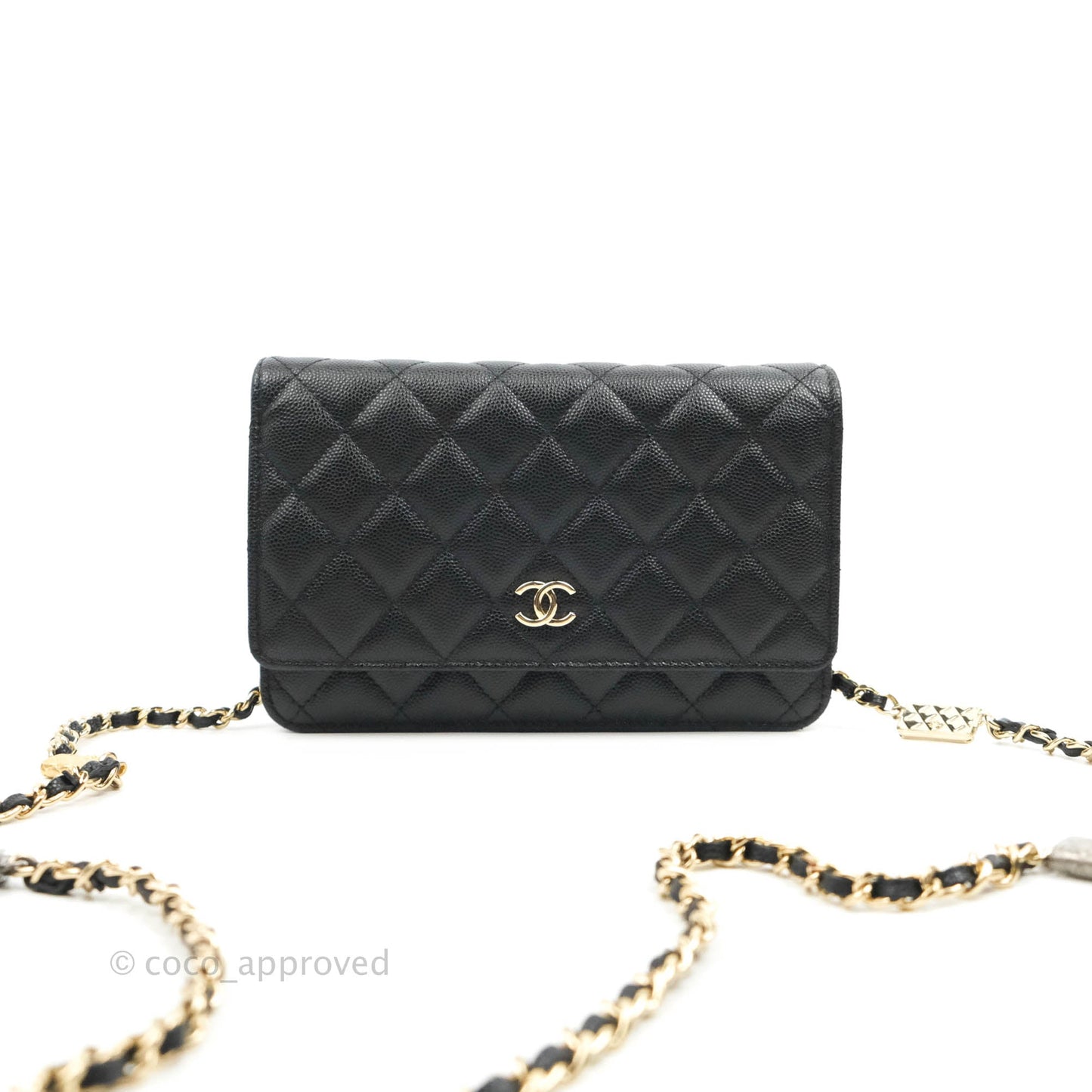 Chanel Quilted WOC Black Caviar Gold Hardware With Charms