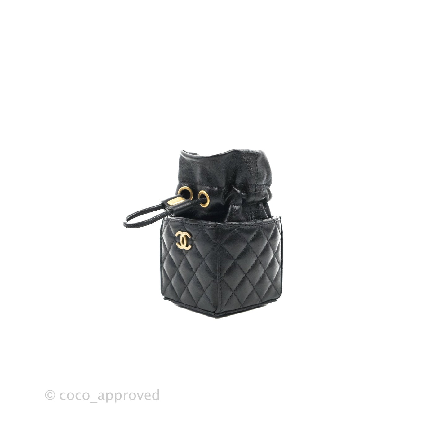 Chanel Mini Drawstring Bucket Bag with Chain Black Calfskin Aged Gold Hardware