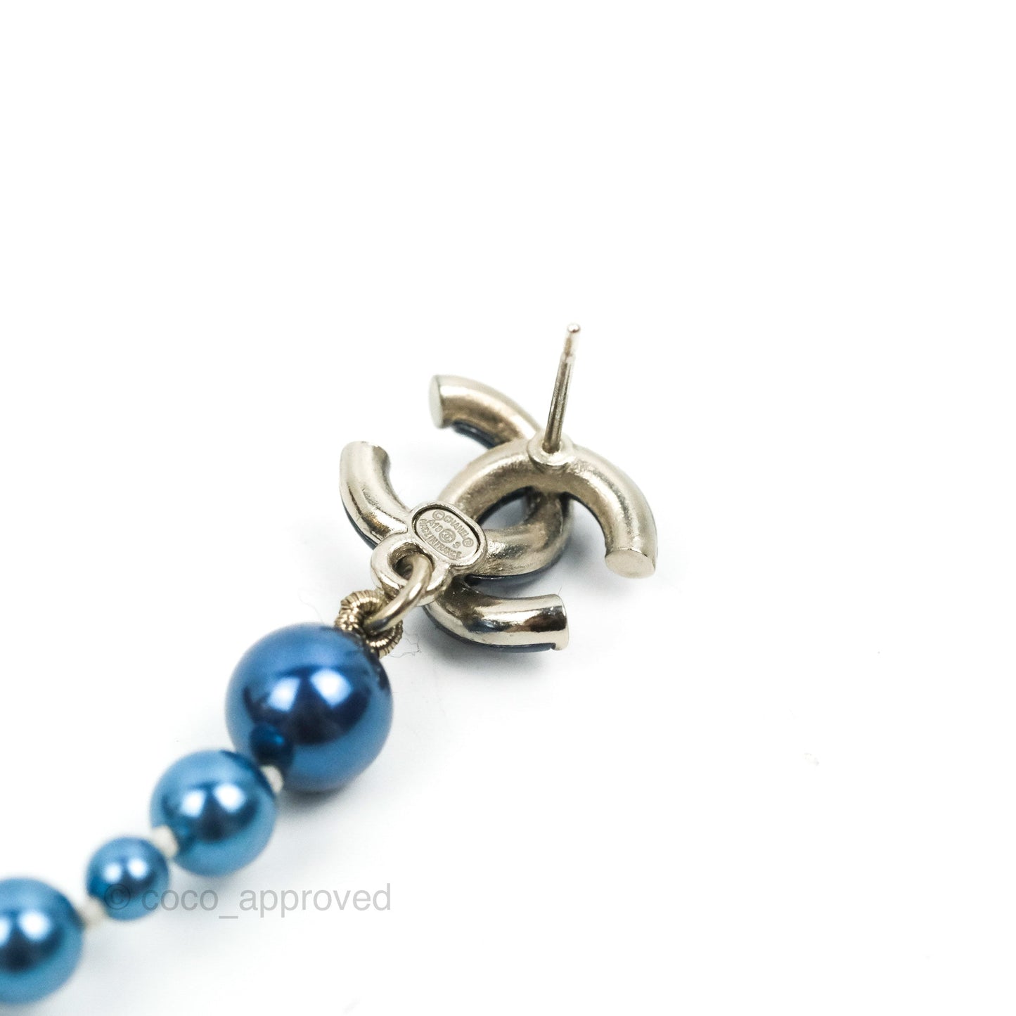 Chanel CC Blue Pearl Drop Earrings Silver Tone 18S
