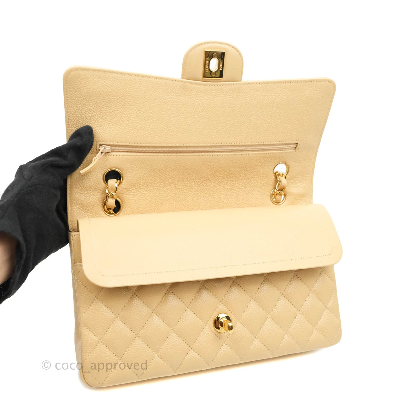 Chanel Classic M/L Medium Flap Quilted Beige Caviar Gold Hardware