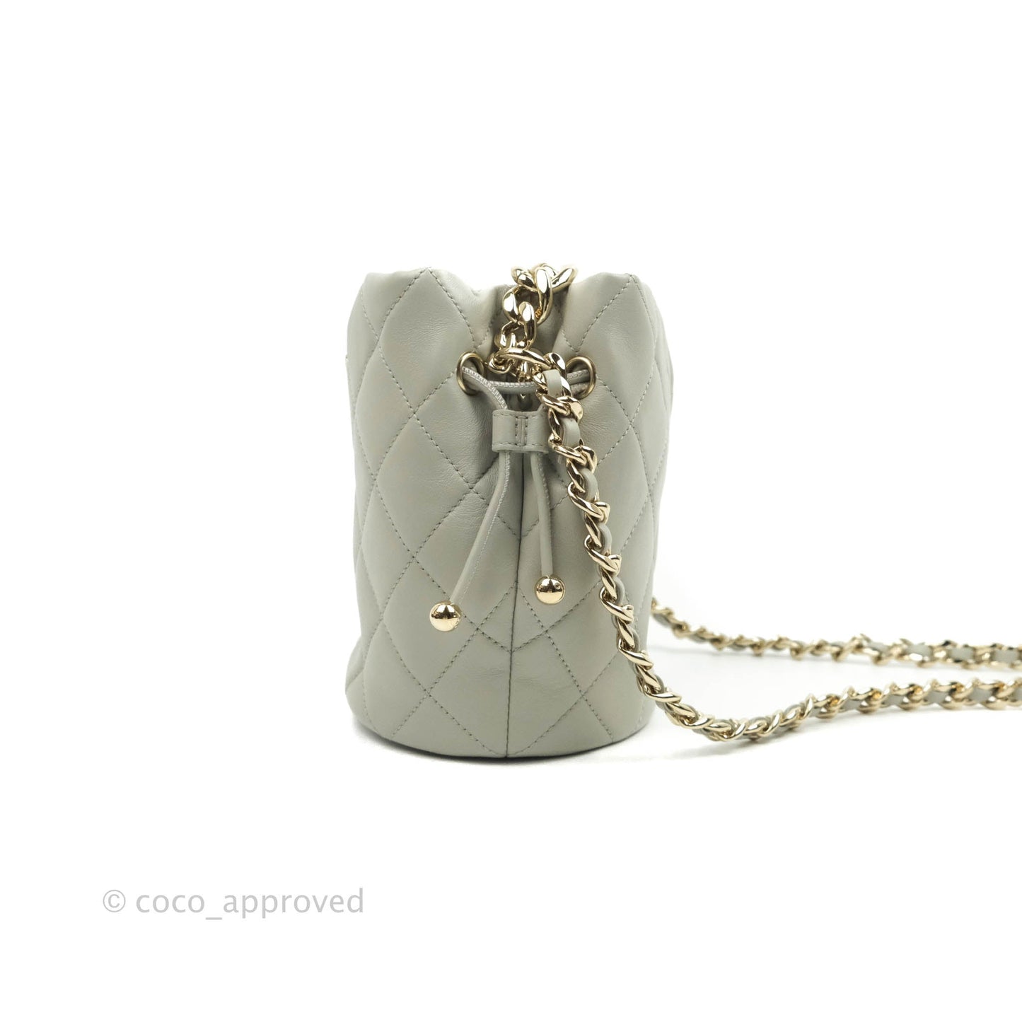 Chanel Quilted Drawstring Bucket Bag Grey Lambskin Gold Hardware 22C