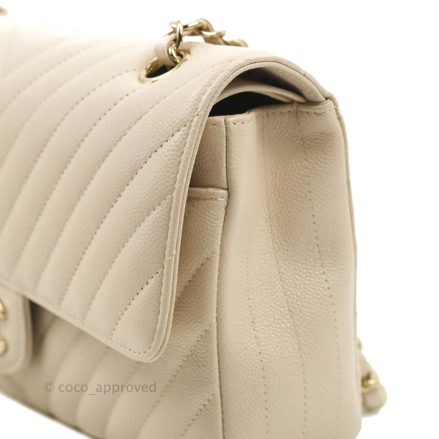 Chanel Classic M/L Medium Double Flap Chevron Ivory Caviar Gold Hardware