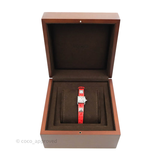 Hermes Pave Diamond Medor Red Crocodile Watch Bracelet Palladium Hardware