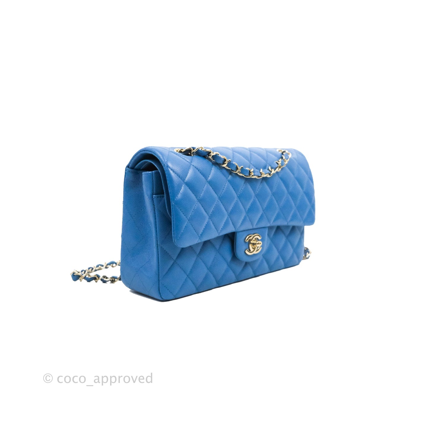 Chanel Classic M/L Medium Flap Quilted Blue Caviar Gold Hardware 21P