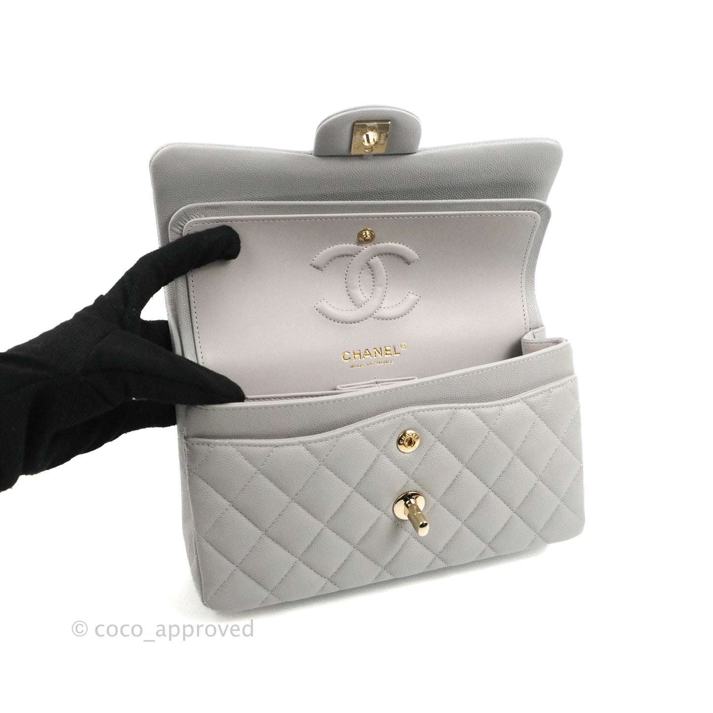 Chanel Small Classic Quilted Flap Grey Caviar Gold Hardware 21A