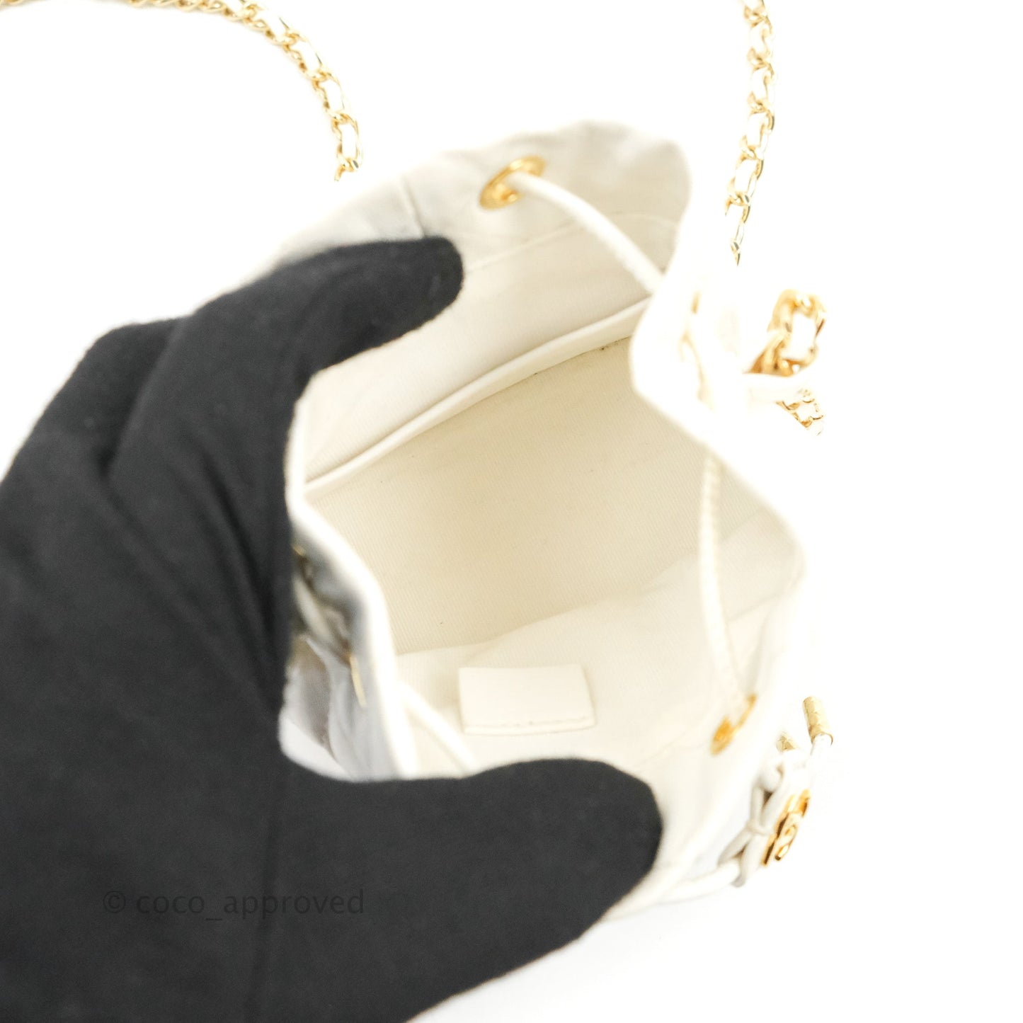 Chanel Quilted Small Drawstring Bucket Bag White Calfskin Gold Hardware