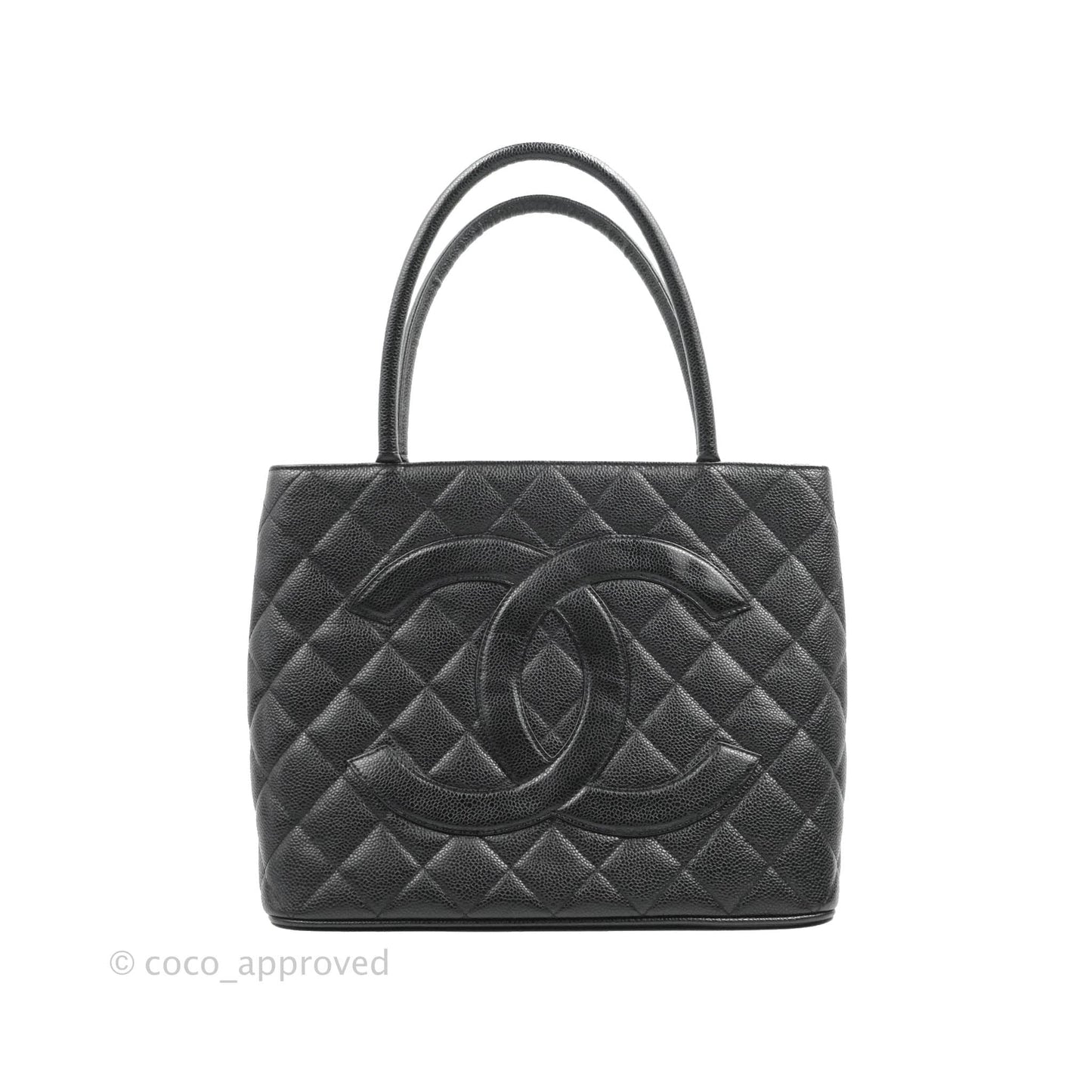Chanel Medallion Vintage CC Black Caviar Tote Bag Silver Hardware
