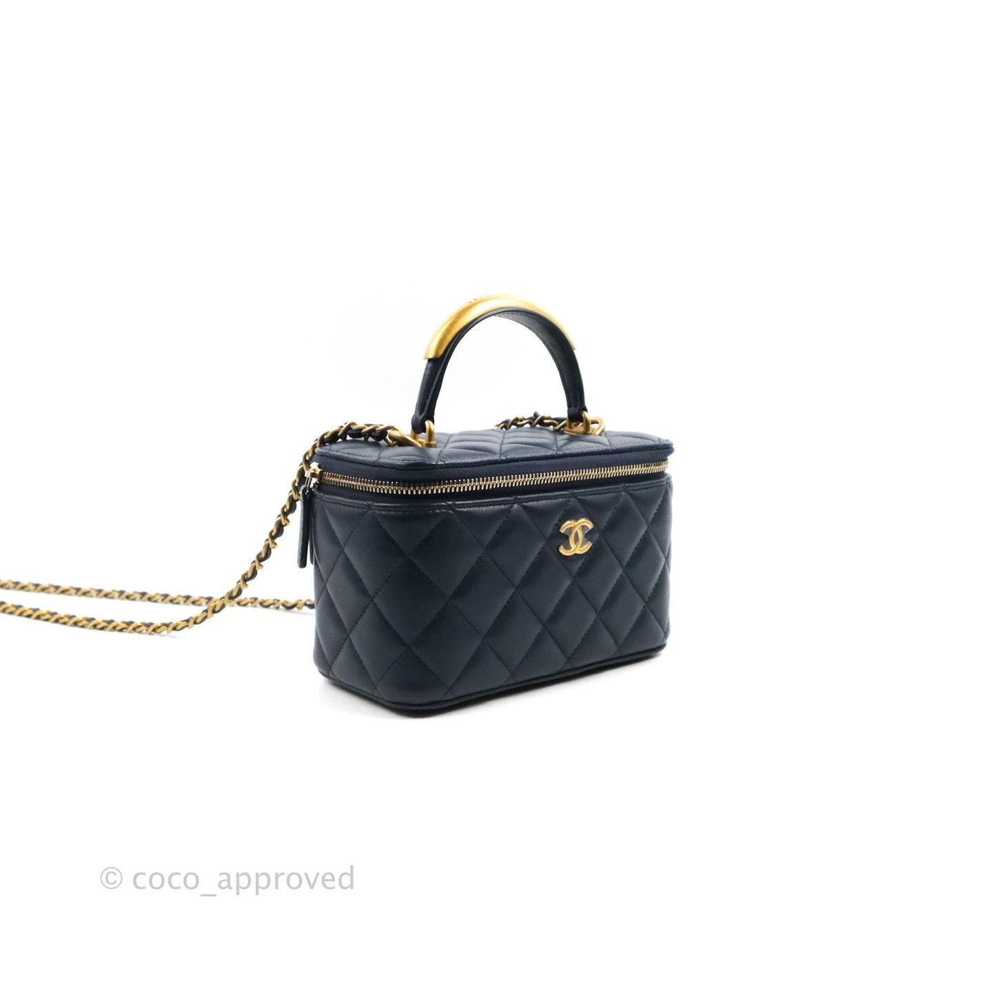 Chanel Vanity Rectangular Metal Top Handle Navy Lambskin Aged Gold Hardware 22B