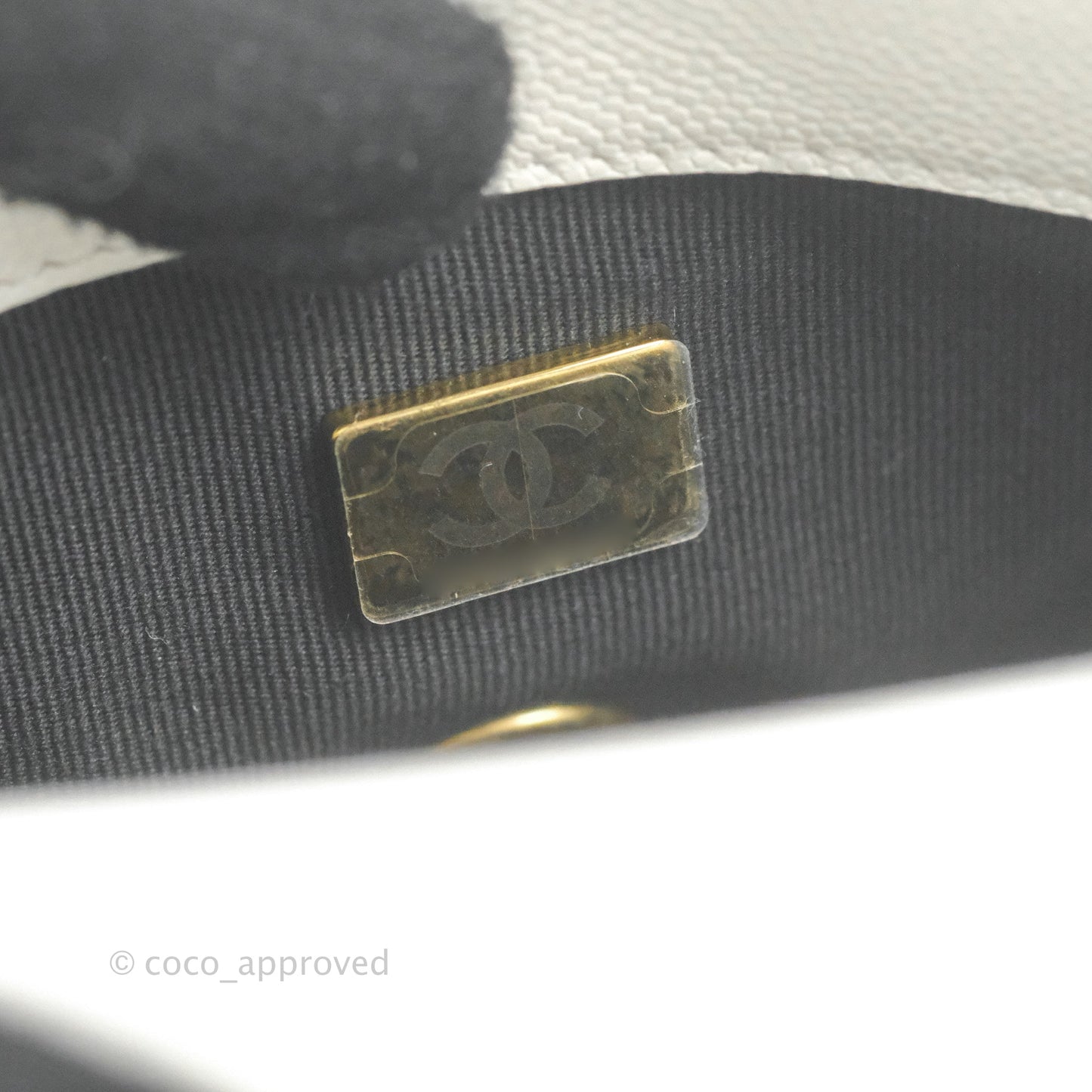 Chanel Mini Flap with Coin Charm White Caviar Aged Gold Hardware 22A