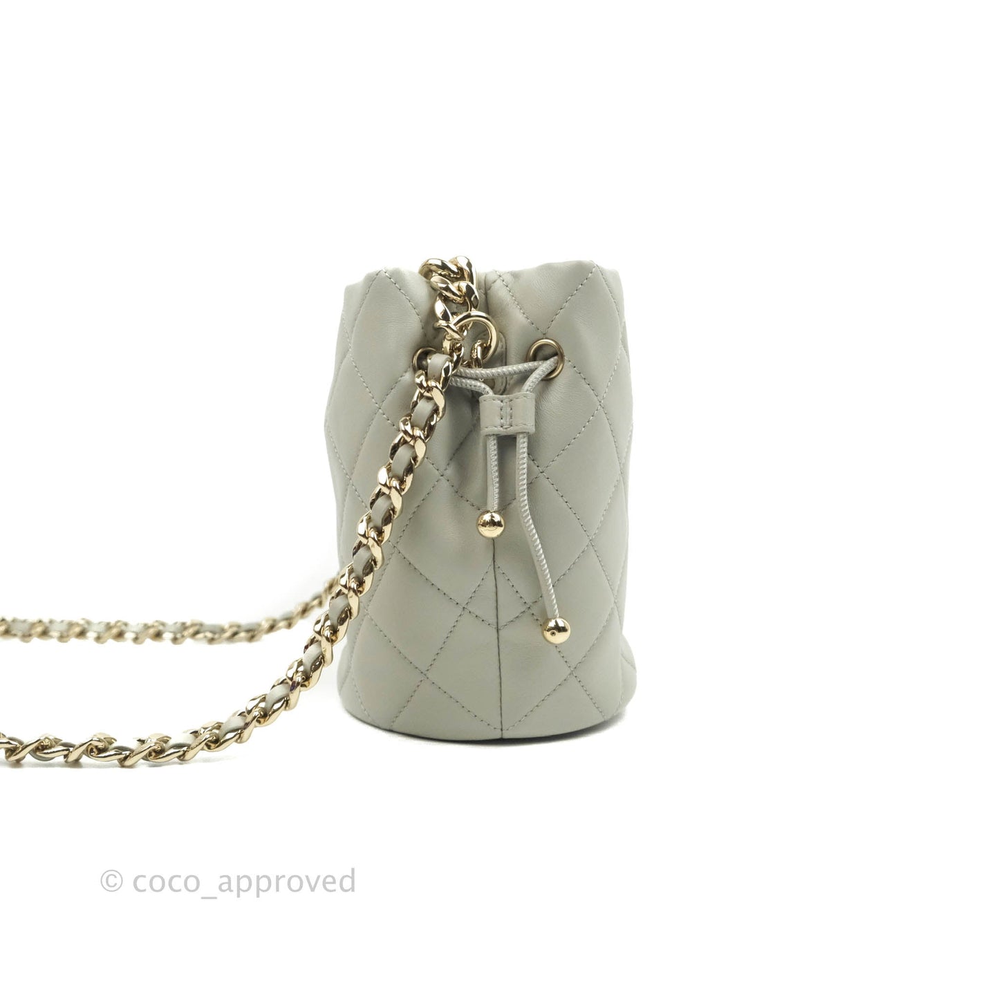 Chanel Quilted Drawstring Bucket Bag Grey Lambskin Gold Hardware 22C
