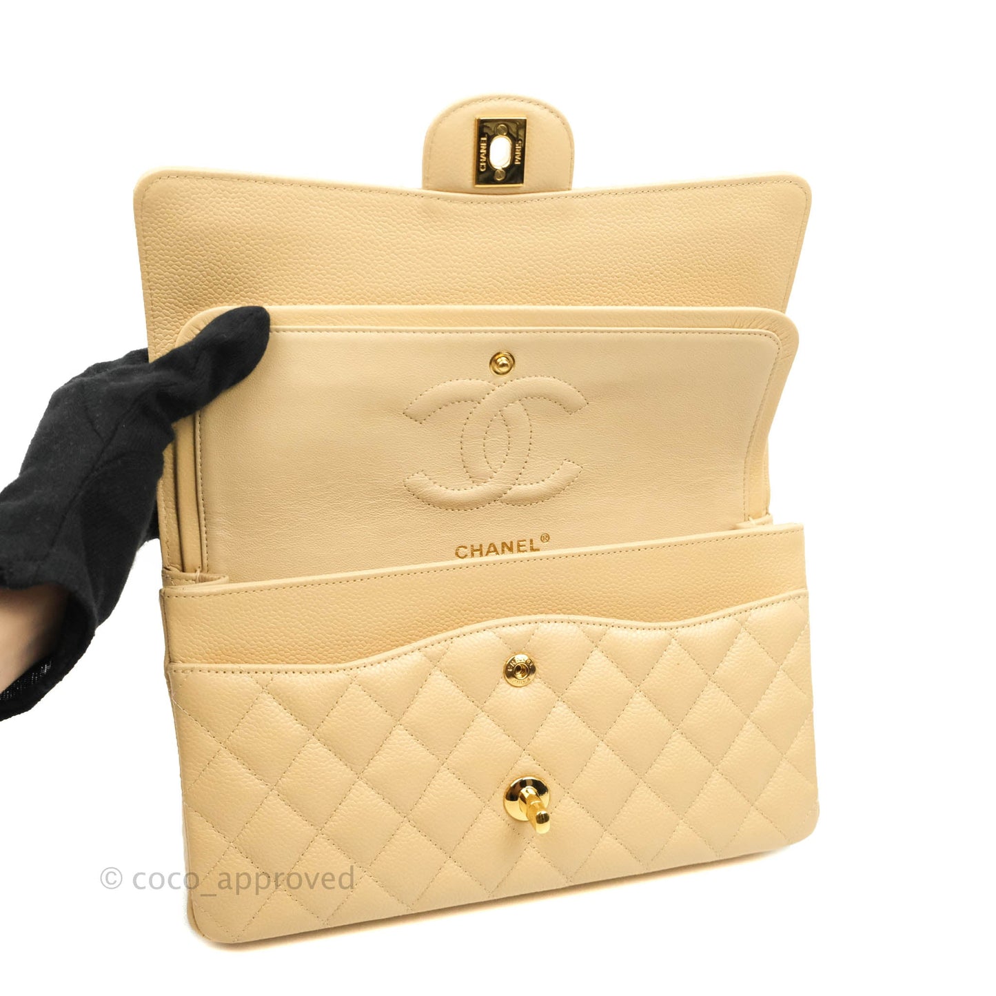Chanel Classic M/L Medium Flap Quilted Beige Caviar Gold Hardware