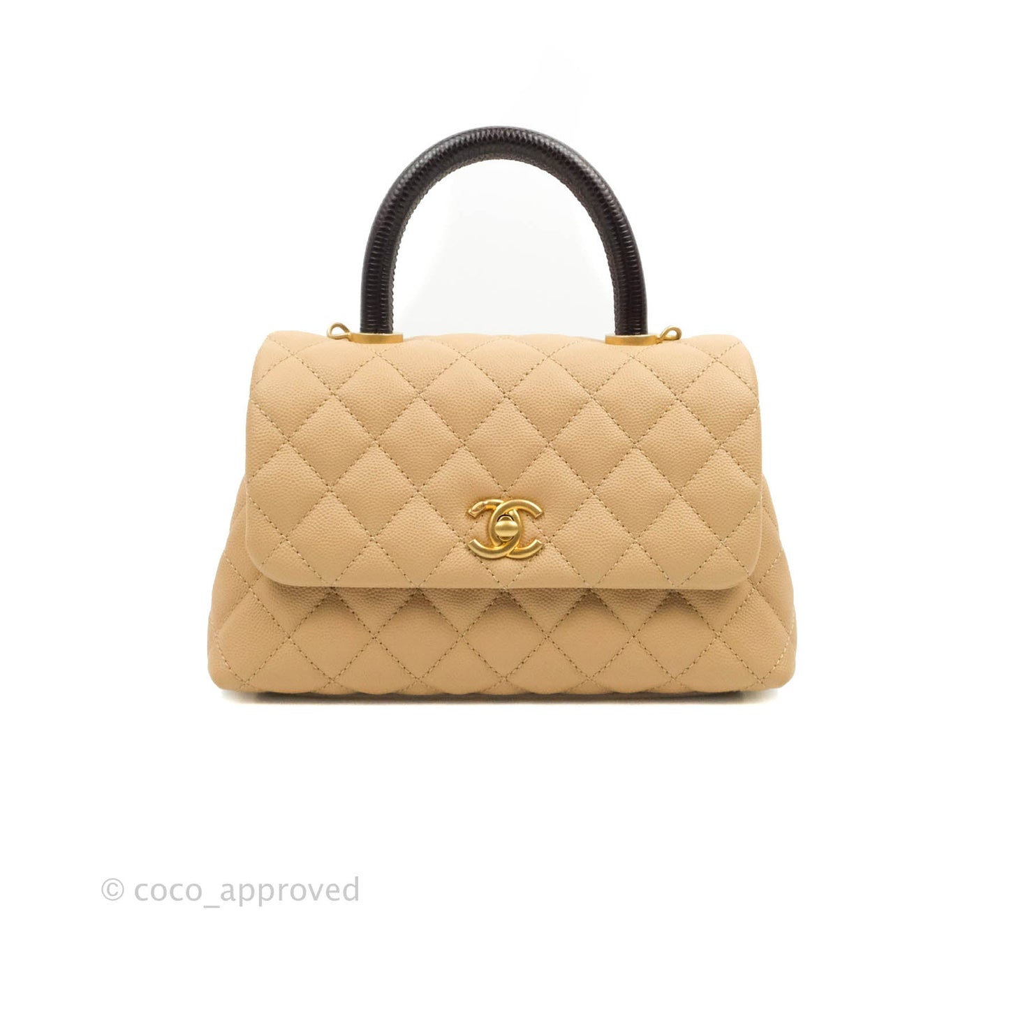 Chanel Small Coco Handle Quilted Beige Caviar Gold Hardware Lizard Embossed Handle