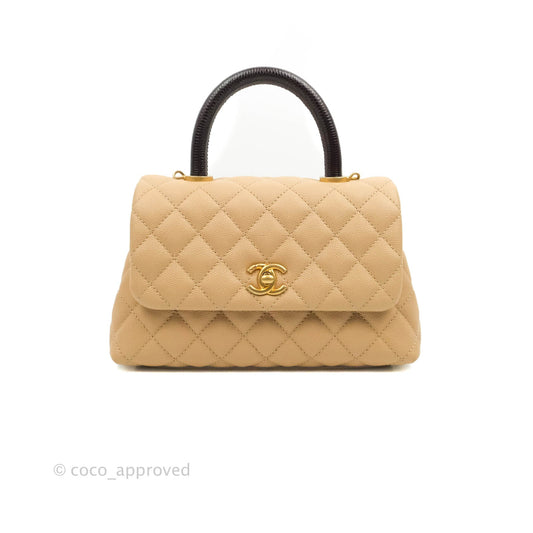 Chanel Small Coco Handle Quilted Beige Caviar Gold Hardware Lizard Embossed Handle