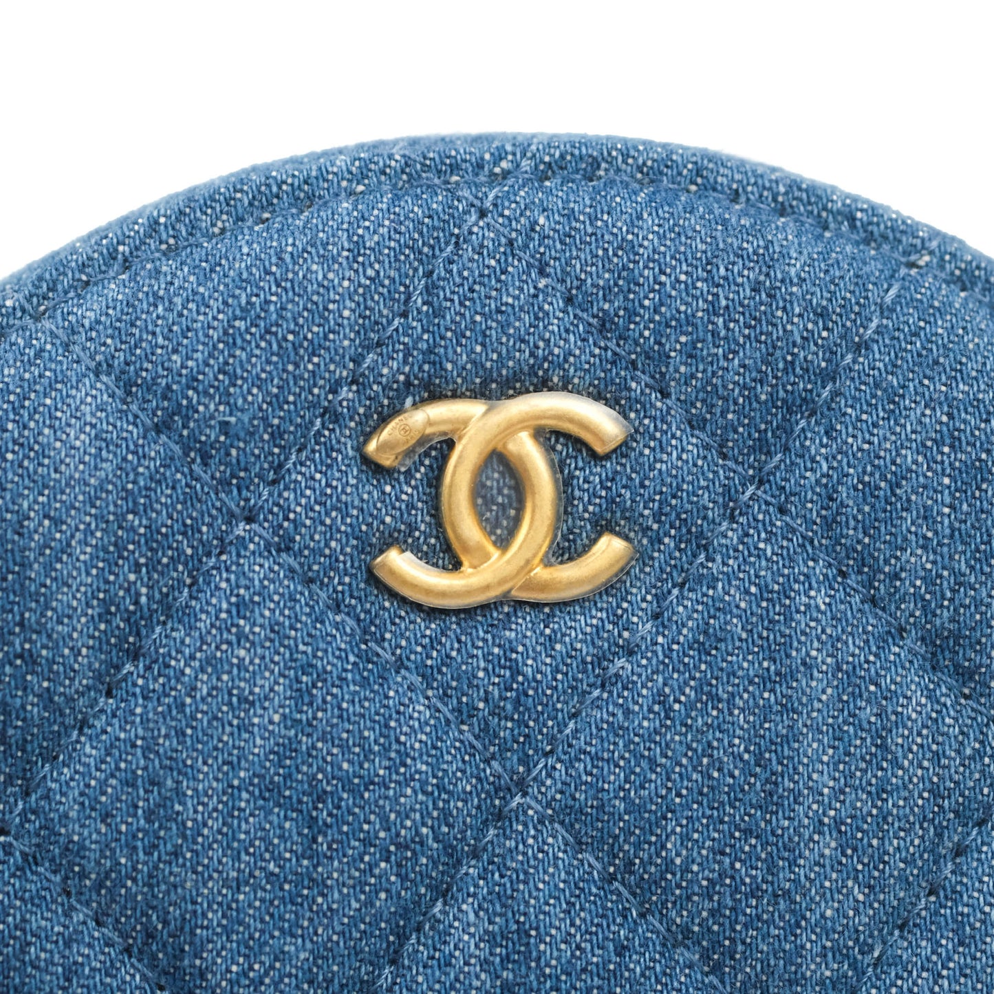 Chanel Quilted Pearl Crush Round Clutch With Chain Denim Aged Gold Hardware