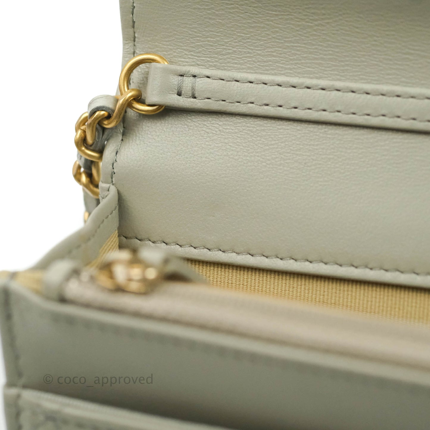 Chanel Quilted Pearl Crush Wallet on Chain WOC Light Grey Lambskin Aged Gold Hardware 22C