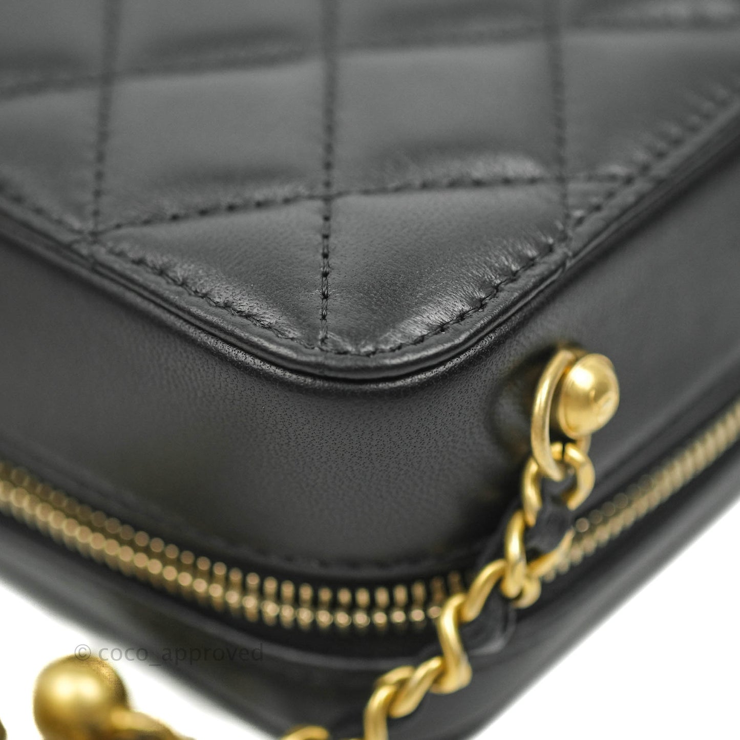 Chanel Mini Pearl Crush Quilted Camera Case Black Lambskin Aged Gold Hardware