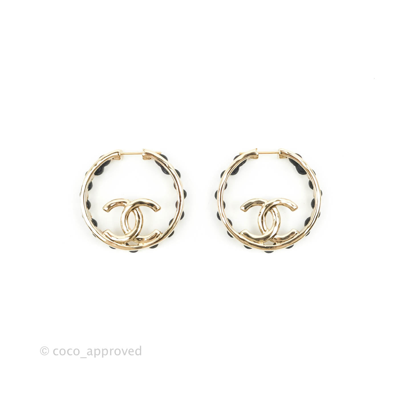 Chanel Gold Hoop Black Leather CC Earrings 22P
