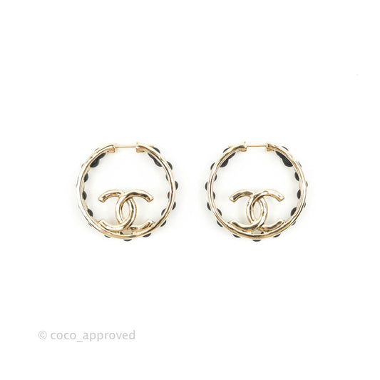 Chanel Gold Hoop Black Leather CC Earrings 22P