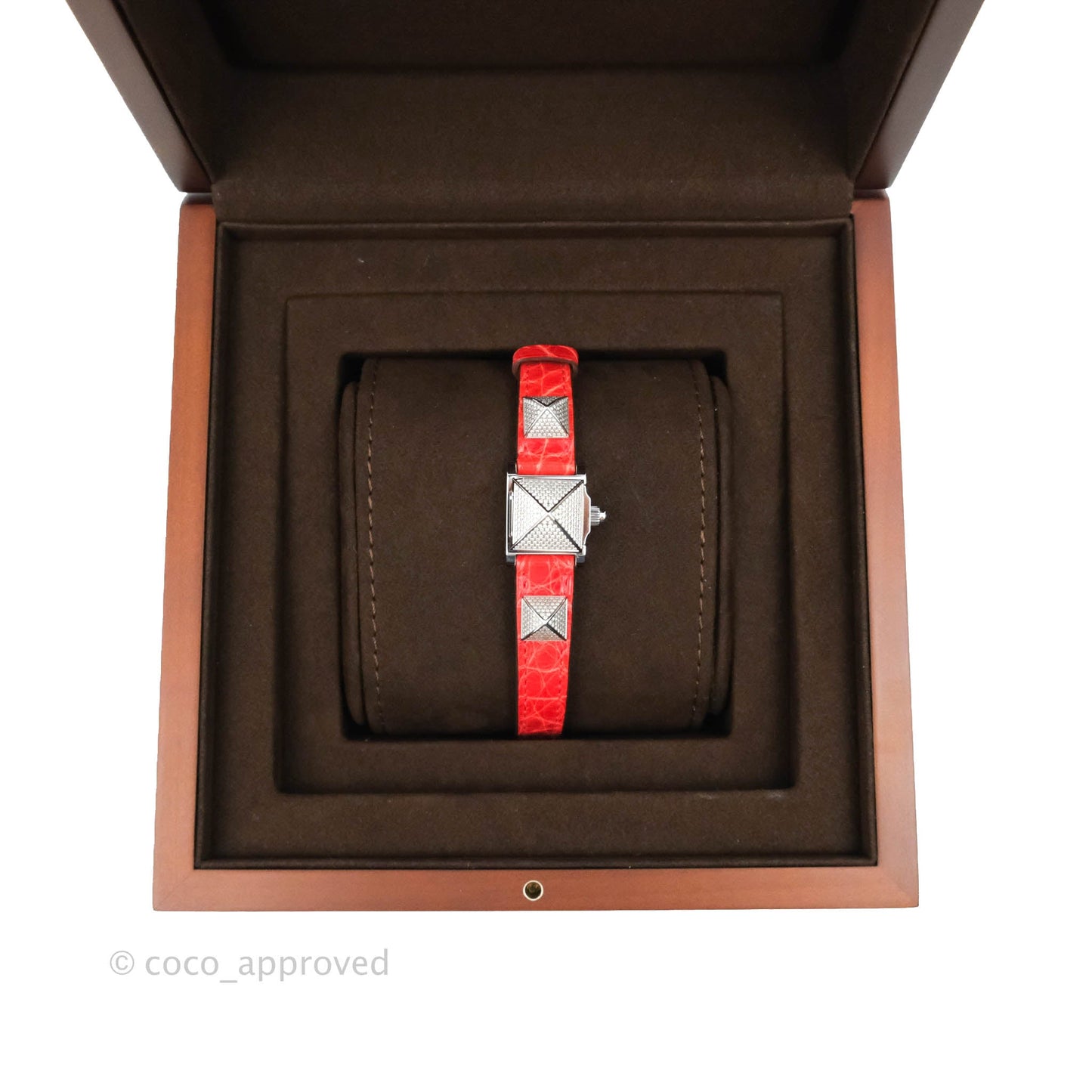 Hermes Pave Diamond Medor Red Crocodile Watch Bracelet Palladium Hardware