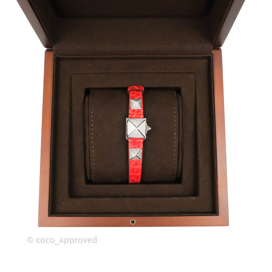 Hermes Pave Diamond Medor Red Crocodile Watch Bracelet Palladium Hardware