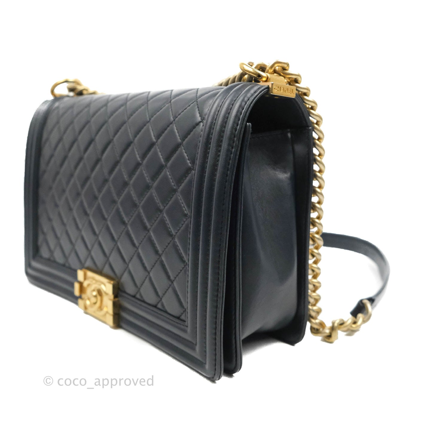 Chanel Quilted New Medium Boy Navy Lambskin Aged Gold Hardware