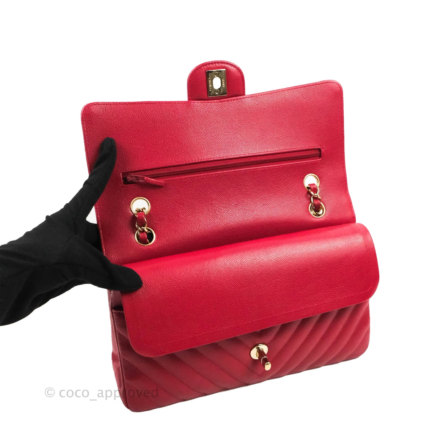 Chanel Classic M/L Medium Chevron Double Flap Cherry Red Caviar Gold Hardware