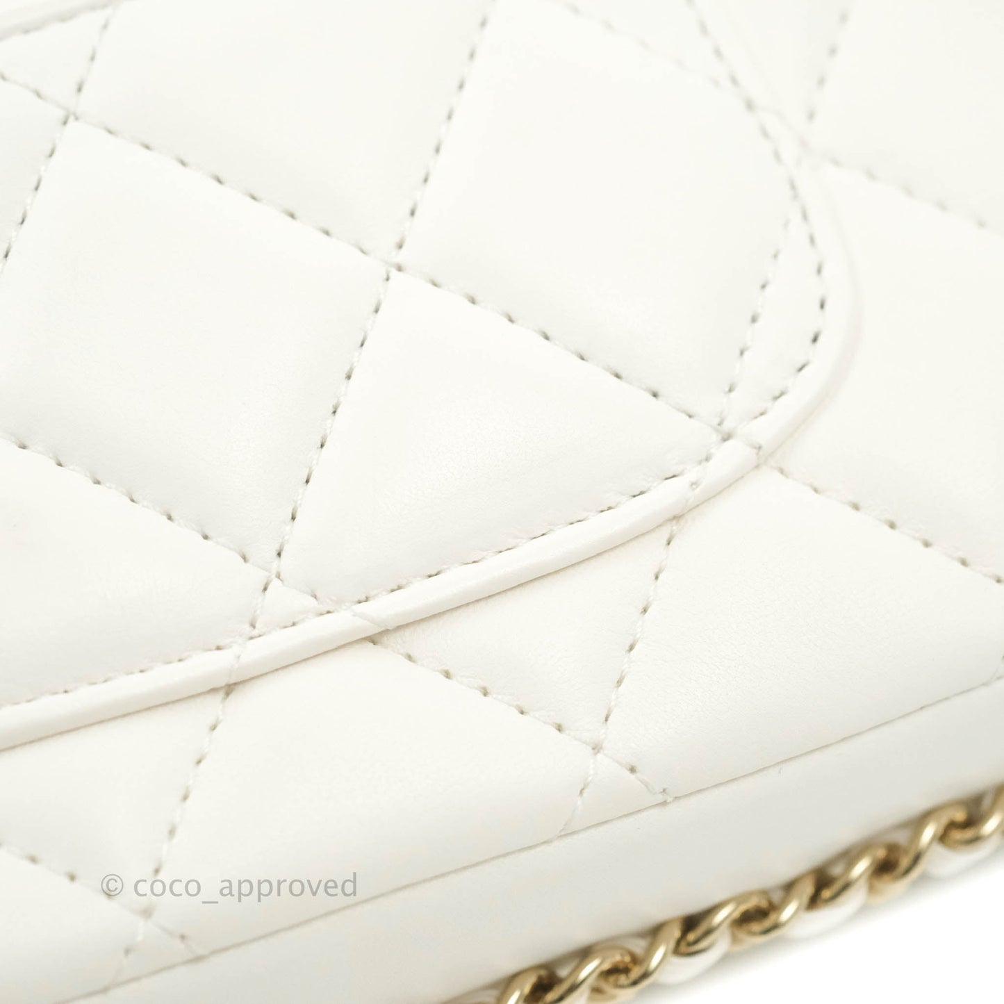 Chanel Small Logo Pearl Chain Flap Bag White Lambskin Gold Hardware